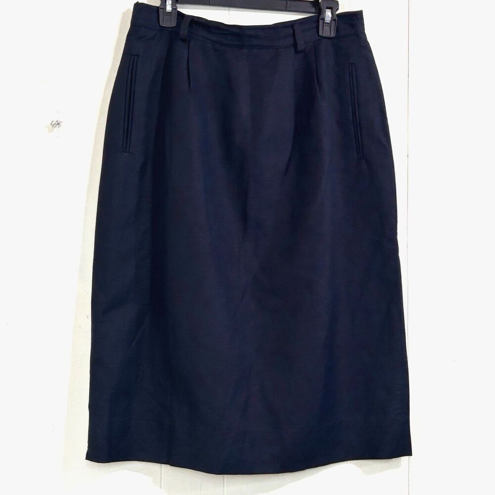 Womens Lands End Vintage Skirt Navy  Blue Linen Cotton Skirt Knee Length Size 14